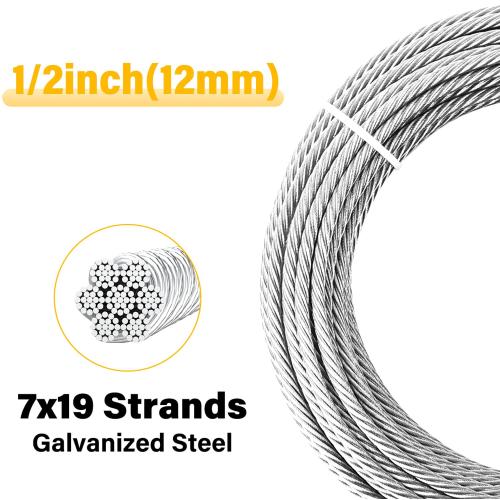 1/2 Steel Cable, Sunwuk 30Ft 7x19 Strand Aircraft Cable with Loops, 23000 Lbs Breaking Strength, Heavy Duty Wire Rope with Clamps and Thimbles for Zipline, Industrial, Towing, Winch Cable