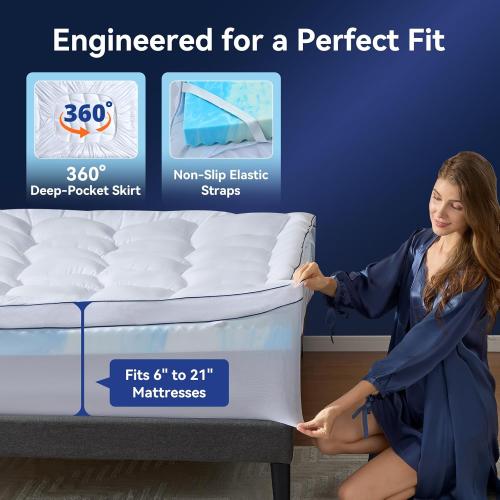 King Size Dual Layer 4 Inch Memory Foam Mattress Topper, 2 Inch Cooling Gel Memory Foam and 2 Inch Soft Pillow Top Mattress Pad Cover for Back Pain Relief, with Elastic 21 Deep Pocket
