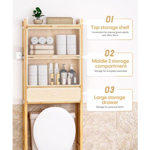 Over The Toilet Storage Cabinet with Drawer and Flip Door, Bamboo Bathroom Organizer Shelf with Anti-Tip Design and Waterproof Feet Pad,Freestanding Rack Above WC Space Saver (Natural)