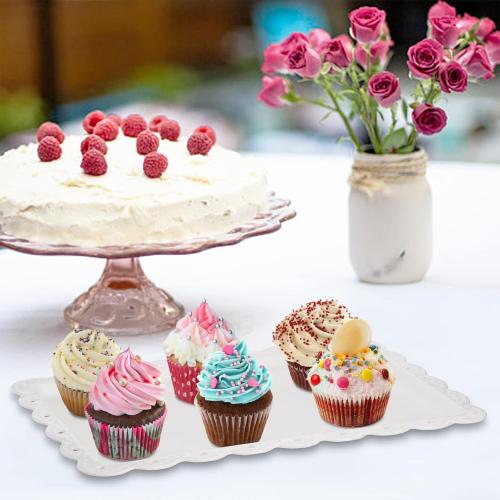 Peohud 12 Pack White Plastic Serving Tray with Lace Rim, Rectangle Food Trays, Disposable Serving Platters and Trays for Party, Wedding, Restaurant, 14.4 x 9.3