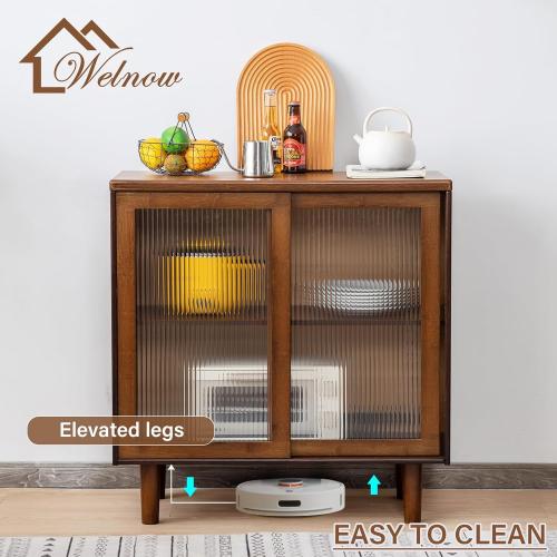 Welnow Buffet Cabinet, Bamboo Sideboard with Storage Kitchen Display Cabinet with 2-Tier Shelves Boho Coffee Bar Tables for Kitchen, Living Room, Entryway, Office, Walnut | 32.7H, 2-Tier Storage,Coffee Bar Cabinet with Fluted Glass Doors, Sideboard Cabinet for Kitchen, Living Room, Entryway