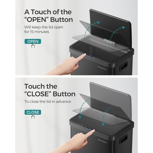 SONGMICS Motion Sensor Trash Can, Gallon Automatic Kitchen Garbage Can with Stay-Open Lid, Soft Close, Stainless Steel, 15 Trash Bags Included, Ink Black ULTB630B68