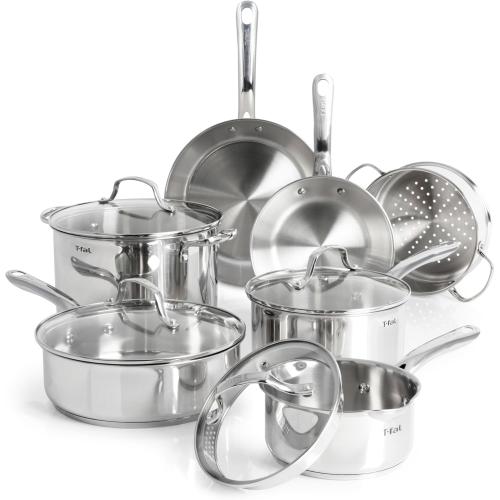 T-fal Stainless Steel Pots and Pans Set 13 Piece, Induction, Oven Broiler Safe 500F, Kitchen Cooking Set w/Fry Pans, Saucepans, Saute Pan, Dutch Oven, Steamer, Cookware, Dishwasher Safe, Silver