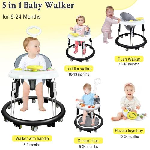 Foldable Baby Walker for Boys and Girls, 5-in-1 Baby Walker with Wheels, Adjustable Height Toddler Activity Walker with Music Tray, Detachable Seat and Mute Anti-Rollover Baby Walkers for 8-24 Months