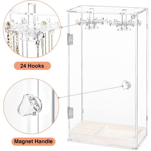 Clear 12.5 x 6.3 x 3.3 Necklace Holder, Acrylic Jewelry Organizer with 24 Hooks, Rotation Clear Necklaces Pendant Display Case Stand, Dust-proof Velvet Tray Hanging Rack Storage for Earrings Rings