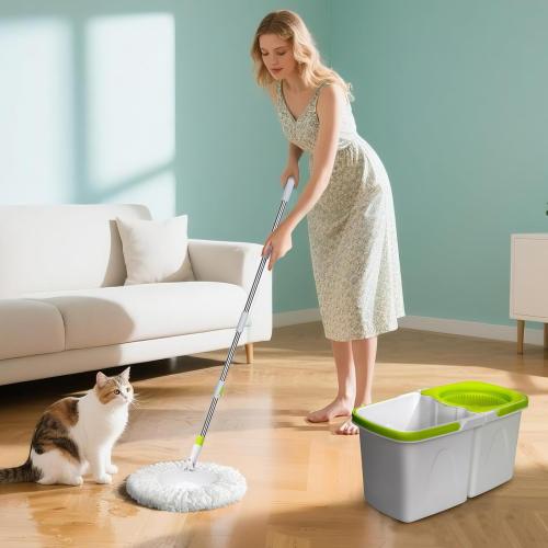 Masthome Small Spin Mop,Mop and Bucket Set,Microfiber Spin Mops with Bucket Detachable |Easy to Store|Adjustable Stainless Handle|3 Microfiber Heads|Mop and Bucket with Wringer Set for Home