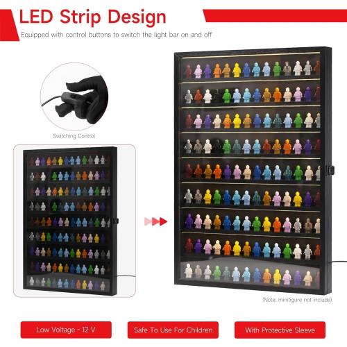 SIXPOINTS LED Minifigures Display Case-Wall Mount Miniature Action Figure Display Cabinet Holder-Holds 126 Figure Men Miniatures Collection-Lockable (Black Wood Finish)