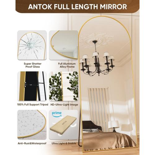 Full Length Mirror, 60x20 Floor Mirror, Arch Floor Standing Mirror Freestanding Arch Full Body Mirrors with Stand for Bedroom, Hanging Mounted Mirrors for Living Room Cloakroom, Gold