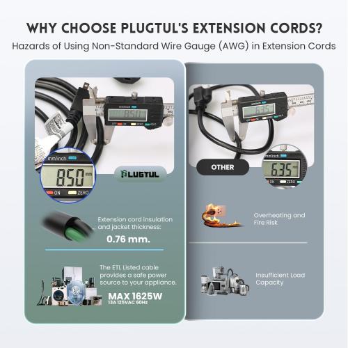 PLUGTUL Outdoor Extension Cord 25 FT | 16/3 Gauge Black Heavy Duty 3 Prong Extension Cord, 13A 1625W SJTW, ETL Listed, Great for Garden and Home