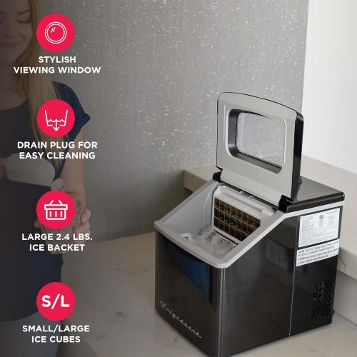 Frigidaire Ice Maker EFIC452, Countertop Stainless Steel Ice Maker with Transparent Window, Clear Ice Cube Maker with 40 lbs. Capacity, Ice Maker Machine – 14.8 D x 11 W x 14.1 H (Black)