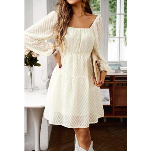 Size Small BestWendding Women's Casual Long Sleeve Mini Dress 2025 Summer Fall Square Neck Ruffle Tiered Flowy Loose Babydoll Dress