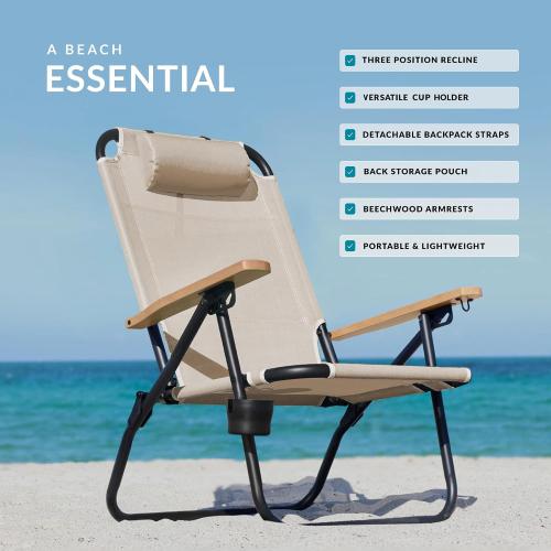 Water Buffalo Bondi Backpack Beach Chair, Reclining, Cup Holder, Tan | Lightweight Portable Design, High Back Support, Cup Holder, Padded Backpack Straps, Reclining Positions