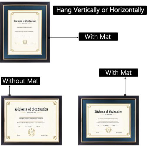 11x14 Diploma Frame with Navy over Gold Mat, 14x17 Certificate Frame, Real Wood with Gold Trim, Black Frame with Arcylic