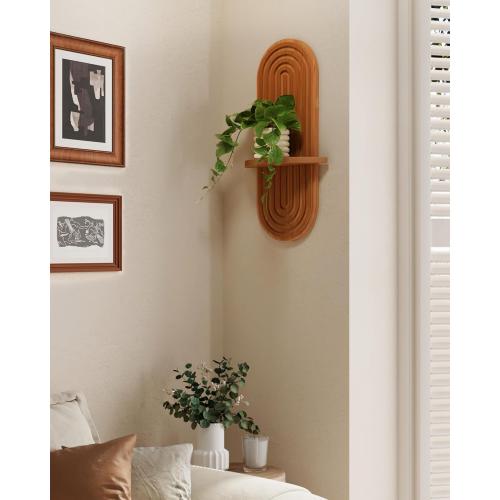 Bamworld Boho Wall Decor Brown Plant Wall Shelf, Mid Century Modern Decor Hanging Plant Shelf, 1-Tier Bamboo Floating Shelves for Home Bathroom Bedroom Living Room Holding Planter Decoration Brown