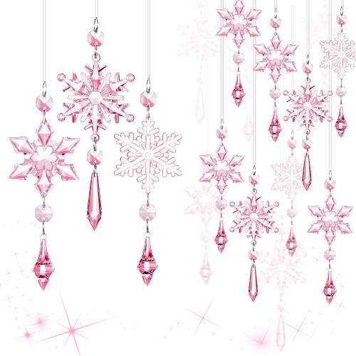 Boao Light Pink 15 Pcs Crystal Snowflake Ornaments for Winter Acrylic Snowflake Decorations Wonderland for Party Favor Celebration