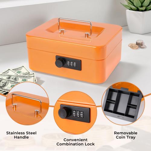 Cash Box with Money Tray and Combination Lock Metal Money Box Change Lock Box for Money 7.87 x 6.3 x 3.54 Orange