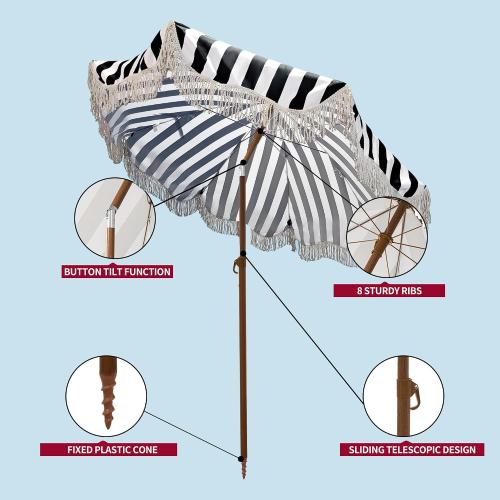 Rayjee 6.5FT Outdoor Patio Umbrella with Fringe, Boho Beach Umbrella | UV Protection | Tilt & Adjustable Height | Portable 2-Piece Aluminum Pole | Perfect for Pool, Garden, Party & Beach