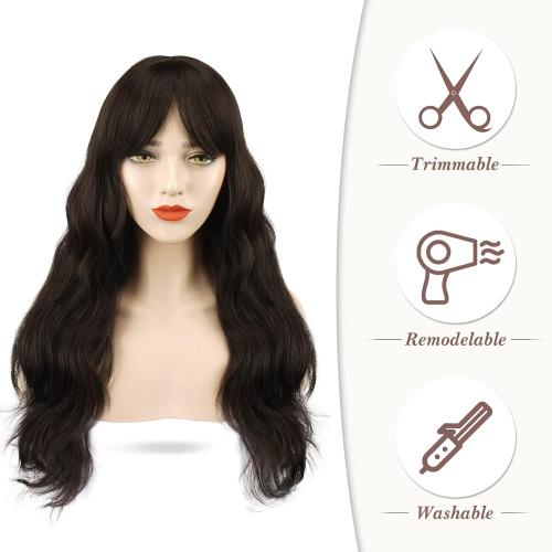 BARSDAR 26 Inch Long Wavy Dark Brown Bangs Wig Natural Looking Synthetic