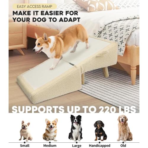 Dog Stairs for Small Dogs and Cats – 2-in-1 Dog Ramp for Couch and Low Bed, 16.5'' Foldable Wooden Pet Ramp, Sturdy Multi-Use Split Ottoman Design, Beige