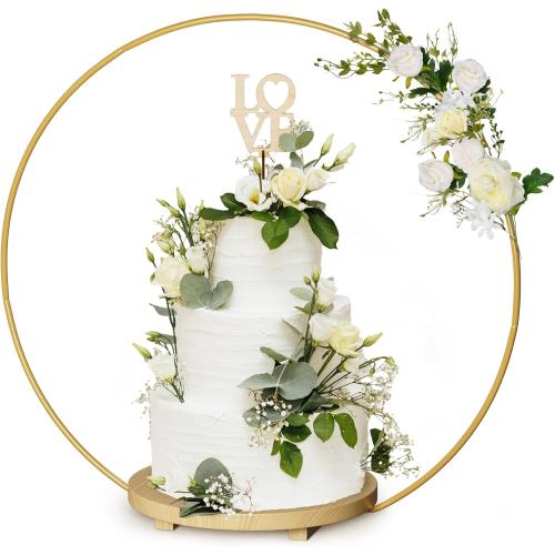Wedding Cake Stand 16in Wood Base with Golden Metal Floral Hoop Centerpiece & Screws, Cake Display Stand for 3 Tiered Cakes, Cupcakes & More