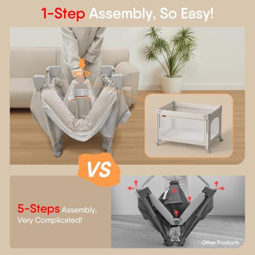 TinyGlow Baby Bassinet, Pack and Play, Bedside Crib Sleeper, Diaper Changer | Quickly Assembles and Folds, Portable Crib with Mattress,Mosquito Net and Toys Bar, Easy to Carry for Newborn to Toddler