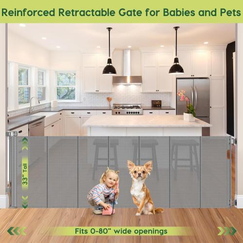 Reinforced 80 Inch Extra Wide Retractable Dog Gate to Prevent Crawling Through, Super Wide XL Retractable Baby Gates for Dog Indoor, Long Baby Gates Indoor Extra Long, Outdoor Mesh Pet Gate, Gray