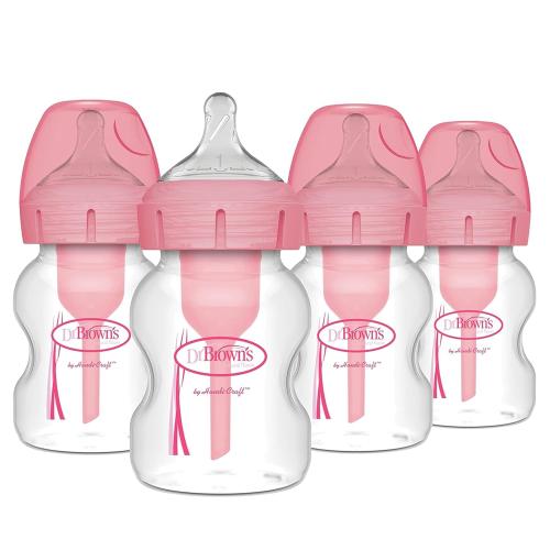 Dr. Brown's Natural Flow Anti-Colic Options  Wide-Neck Baby Bottles 5 oz/150 mL,with Level 1 Slow Flow Nipple, Pink 4 Pack, 0m