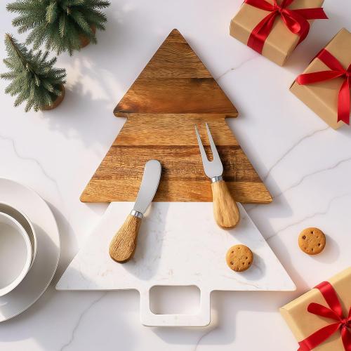 Christmas Tree Shaped Marble Charcuterie Cutting Serving Board with Cheese Utensils Cutting Board with Marble and Natural Wood for Kitchen Wedding Anniversary Bridal Shower Housewarming Gift