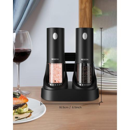 Electric Salt and Pepper Grinder Set with Rechargeable Base - Automatic Refillable Electric Salt and Pepper Shakers with Large Capacity, LED Light & Adjustable Coarseness, Black