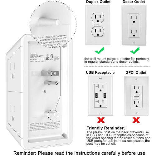 5 Outlet Extender Multi Plug Wall Outlets with 4 USB Charging Ports (1 USB C Outlet), 3 Sided 1680J Surge Protector Power Strip USB Wall Charger for Home, Office, Travel, ETL Listed, White