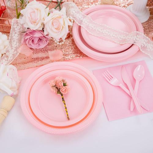 Set of 210 Color Pink WELLIFE 210 Pieces Pink Party Supplies, Disposable Dinnerware Set, Including Pink Plastic Plates, 16OZ Cups, Plastic Cutlery and Napkins Serve 30 Guests for Party