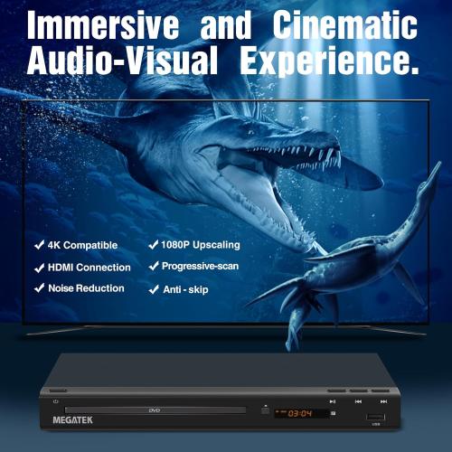 MEGATEK Region-Free HDMI DVD Player for TV, Compact CD/DVD Player for Smart TV, USB Port, Plays All Region DVDs & Multi Formats, Metal Housing, HDMI/RCA Cables & Remote Included