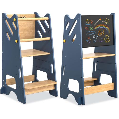 Toddler Standing Tower with Safty Rail & Non-Slip Pads, 3 Height Adjustable Toddler Tower with Chalkboard, Great for Kitchen Activities, Hand Washing & Creative Play, Blue