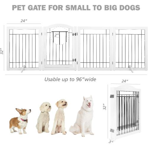 SPIRICH 96-inch Extra Wide 30-inches Tall Dog Gate with Door Walk Through, Freestanding Wire Pet Gate for The House, Doorway, Stairs, Pet Puppy Safety Fence, Support Feet Included (White)