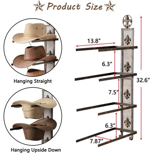 Size 13.8x32.6 Color brown Cowboy Hat Rack for Wall, Metal Fleur-De-Lis Cowboy Hat Holder for 4 Hats, Vertical Western Hat Rack Wall Mount, Rustic Fold-Up Wall Hanging Decorative Hat Racks, 13.8”W x 32.6”H