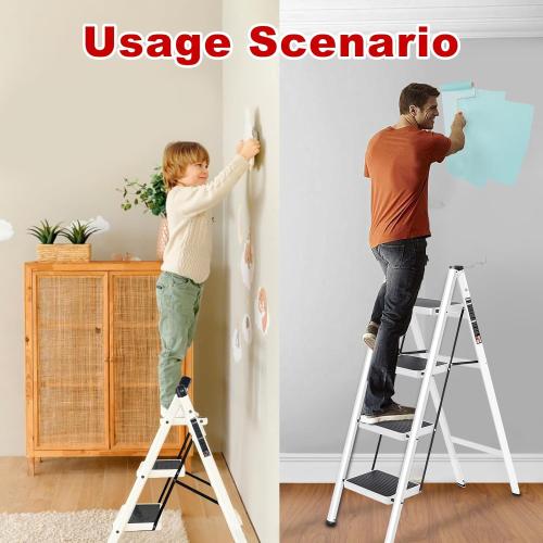 3 Step Ladder with Anti-Slip and Wide Pedal 330lbs Capacity Folding Step Ladder for Household Kitchen Office(White-P, 3 Step Ladder)
