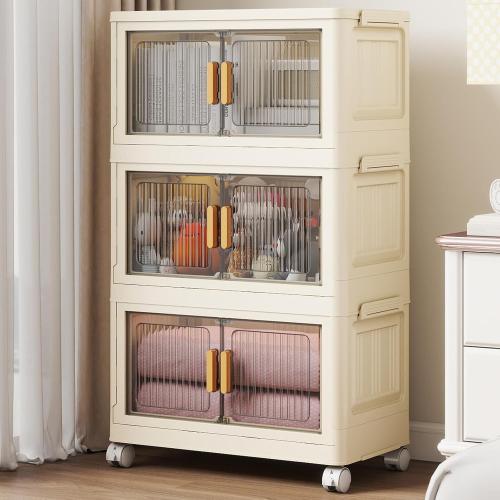 3 Tier Stackable Plastic Storage Bins with Lids 48QT, Collapsible Closet Organizers and Storage with Wheels for Living Room,Office,Dorm