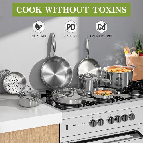 Triple Ply Stainless Steel Pots and Pans Set, EWFEN 12 Piece Induction Cookware Set, Oven Dishwasher Safe | Frying Pans, Saucepans, Saute Pan & Stock Pot, PFOA Free Kitchen Skillet