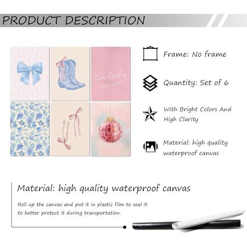 6Pcs Blue Pink Preppy Canvas Wall Art Coquette Room Posters Print Artwork Cute Bow Boot Wall Decor How Lucky Are We Painting Pictures for Girls Room Dorm Bedroom Home Decoration 8x10in Unframed