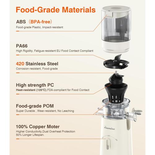 Cold Press Juicer, Zasmira Juicer Machines with Large Feeding Chute, Powerful Slow Juicer with Pulp Seperation, 99.6% Juice Purity, Easy to Clean, White