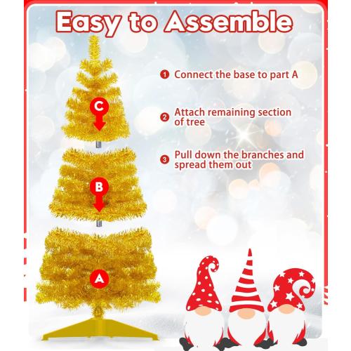 Pre-Lit Artificial Christmas Tree, Warm White Lights, Colorful Lights, Includes Stand, 4 feet (Gold)