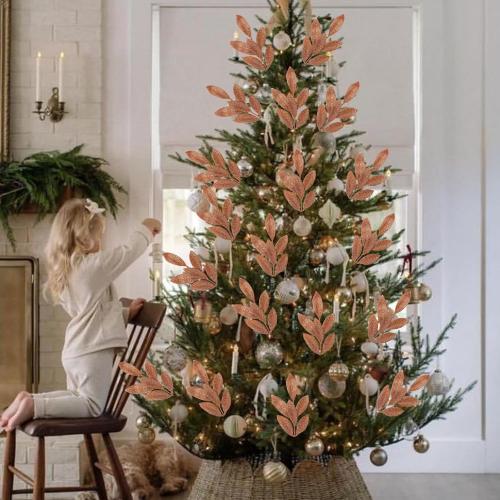 GREENTIME 12 Pack Artificial Brown Glitter Leaves 13 Fake Christmas Picks Decorative Glitter Sticks for Vase Christmas Tree DIY Wreath Crafts Fireplace Decor