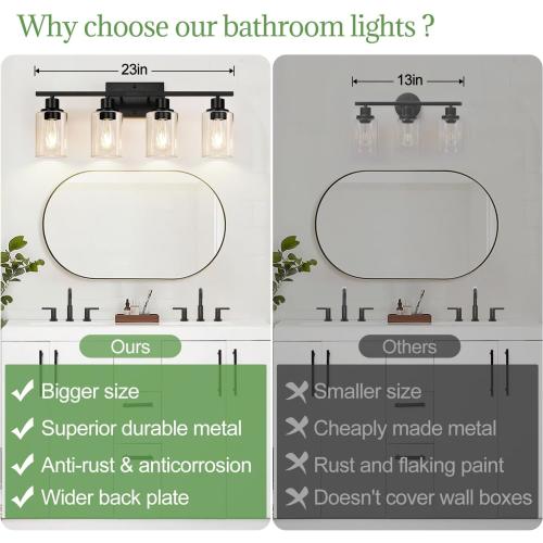 4-Light Bathroom Light Fixtures, Matte Black Modern Vanity Lights with Clear Glass Shades, Bathroom Wall Lamp for Mirror Living Room Cabinet Bedroom Porch