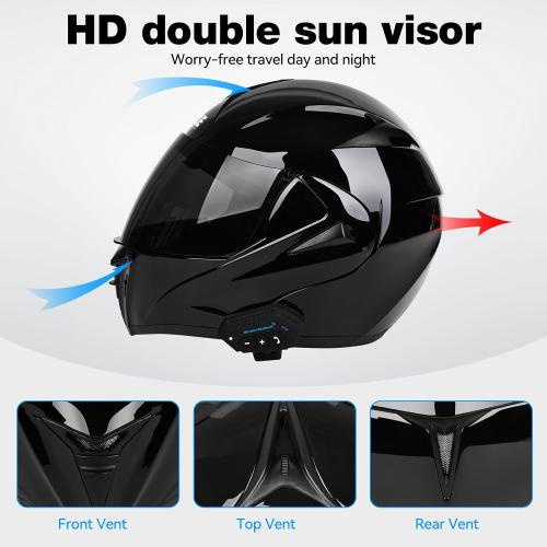 Motorcycle Bluetooth Modular Helmet, DOT Approved Dual Visor Full Face Flip Up Bluetooth Integrated Motorcycle Helmet for Adults Men and Women