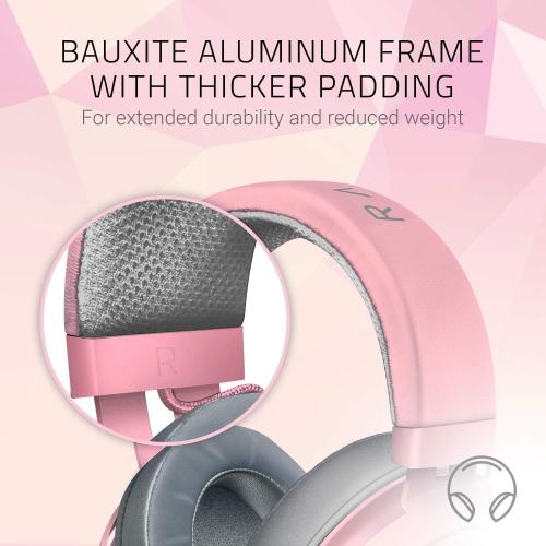Pink and Grey Razer Kraken Gaming Headset: Lightweight Aluminum Frame, Retractable Noise Isolating Microphone, For PC, PS4, PS5, Switch, Xbox One, Xbox Series X & S, Mobile, 3.5 mm Audio Jack - Quartz Pink
