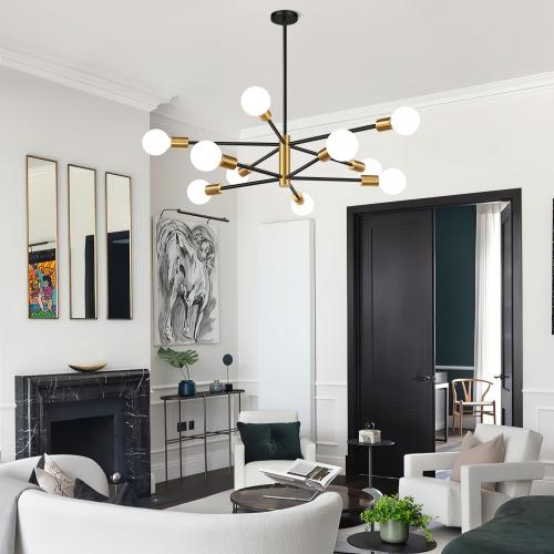 32 Modern Chandelier Ceiling Light Fixture, 10-Light Sputnik Chandeliers Brushed Gold and Black Dining Room Light Fixture, Height Adjustable Chandeliers for Dining Room Living (Bulbs Not Included)