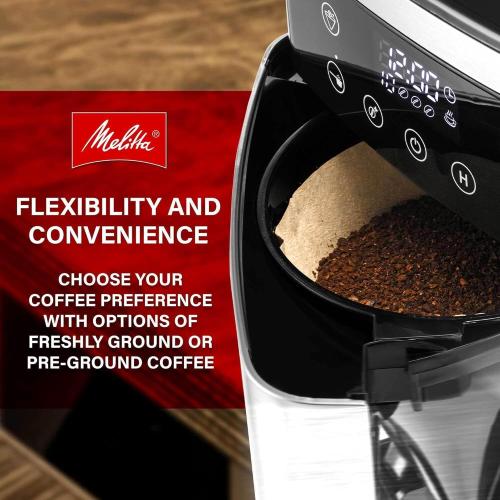 Melitta® Aroma Fresh™ Plus 10-Cup Coffee Maker with Built in Burr Grinder | Automatic Drip, Grind & Brew, 5-Pack Coffee Filters Included