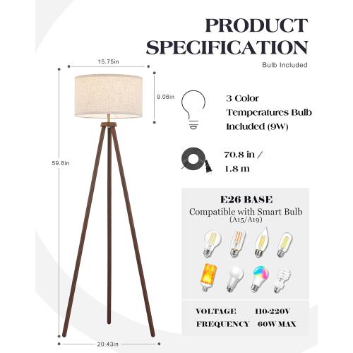 ELYONA Wood Tripod Floor Lamp Brushed Brass Metal & 3 Color Temperatures LED Bulb Vintage Wooded Standing Lamp Industrial Tall Light for Living Room Bedroom Office Beige Linen Shade Dark Brown & Gold