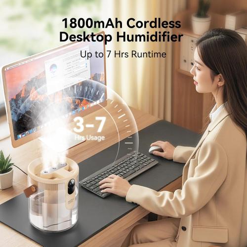 KIMMOO Rechargeable Portable Top Fill Humidifier, Smart Humidifiers for Bedroom, Night Light, 1.4L Cool Mist Humidifier for Office Home Plant Baby, 3-Speed Mist Control, Quiet, Auto Shut-Off (Beige)