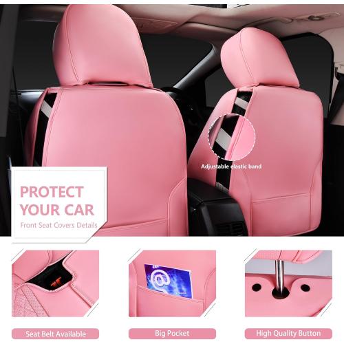 CAR PASS Pink Nappa Leather Car Seat Covers for Full Seats, Bling Diamond Waterproof Seat Protectior Universal Fit Auto SUV Sedan Truck Glitter Sparkly Shining Rhinestone for Women Girl, Pink Leather